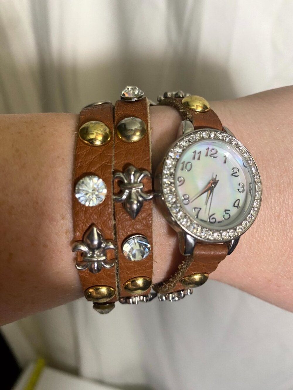 Brown Leather Wrap Watch Bracelet Rhinestone Bezel Fleur De Lis Studded Wrap Aro